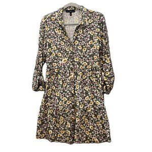 Derek‎ Heart Floral Dress Long Sleeve Ruffle Bottom Button Up Front Large